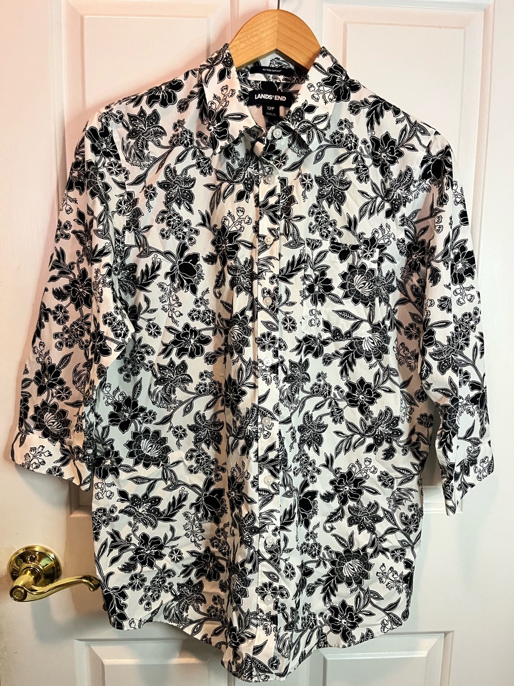 Lands End Womens Sz 12P Floral Button-Down 3/4 Sleeve Supima Tunic Top